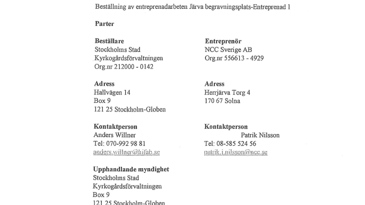 Kontrakt NCC - beställning massentreprenad 1 Järva begravningsplats