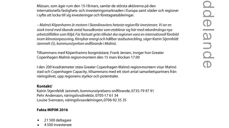 Malmö satsar på framtida investeringar och byggande i staden genom medverkan i MIPIM 15-18 mars