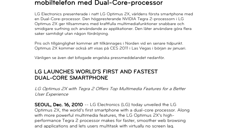 LG lanserar världens första och snabbaste mobiltelefon med Dual-Core-processor