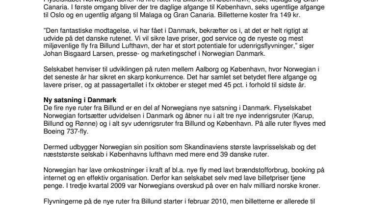 Norwegian satser på Billund Lufthavn
