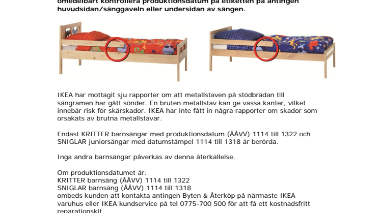 IKEA återkallar ett antal KRITTER och SNIGLAR barnsängar