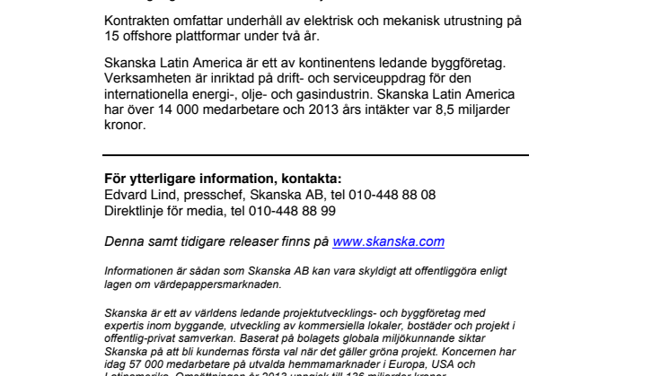 Skanska förnyar kontrakt för underhåll av offshore-plattformar i Brasilien för 547 miljoner kronor