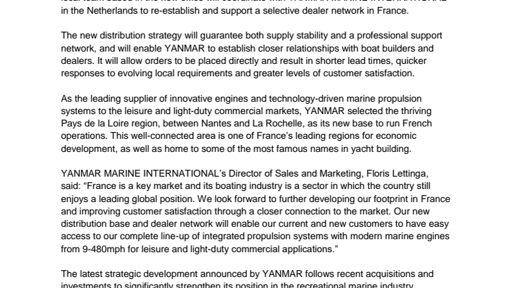 YANMAR Strengthens Distribution in France with Opening of New Sales and Customer Representative Office