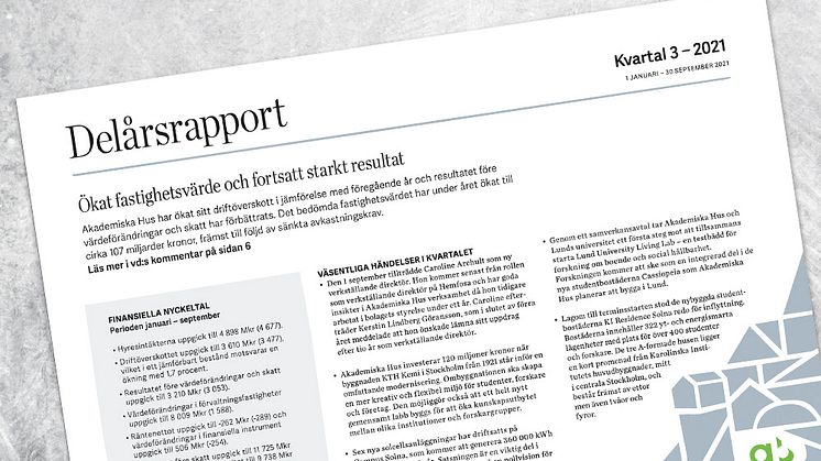 Akademiska Hus delårsrapport 1 januari – 30 september 2021: Ökat fastighetsvärde och fortsatt starkt resultat