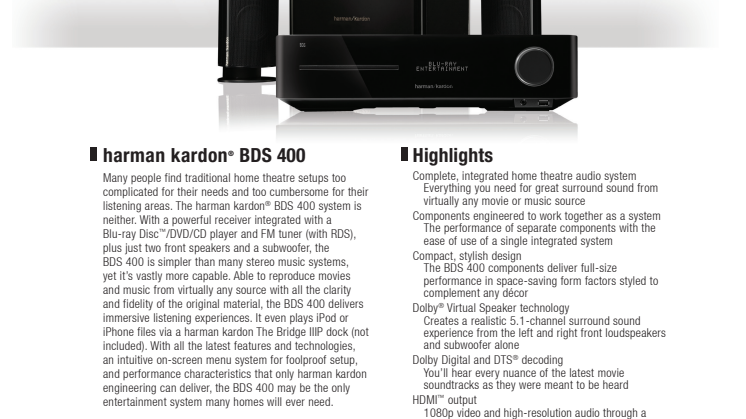 Specification sheet - harman kardon BDS 400 (English)