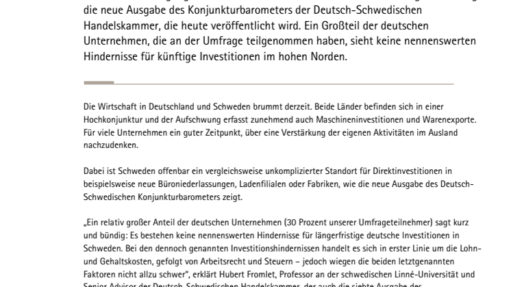 ​Deutsch-Schwedisches Konjunkturbarometer Mai 2017: Kaum Hindernisse für Investitionen in Schweden