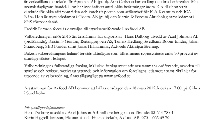 Valberedningens förslag till styrelse i Axfood AB