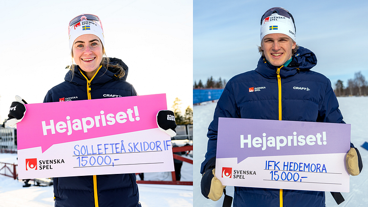Ebba Andersson och Edvin Anger tar emot Hejapriset i samband med Skidspelen i Falun