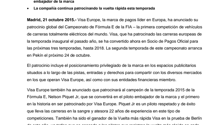Visa Europe se convierte en socio de pagos oficial del campeonato de Fórmula E de la FIA
