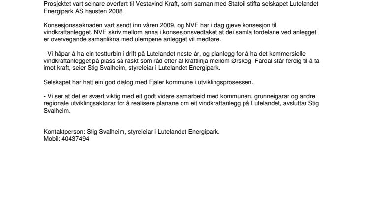 Ny vindkraftkonsesjon til Lutelandet