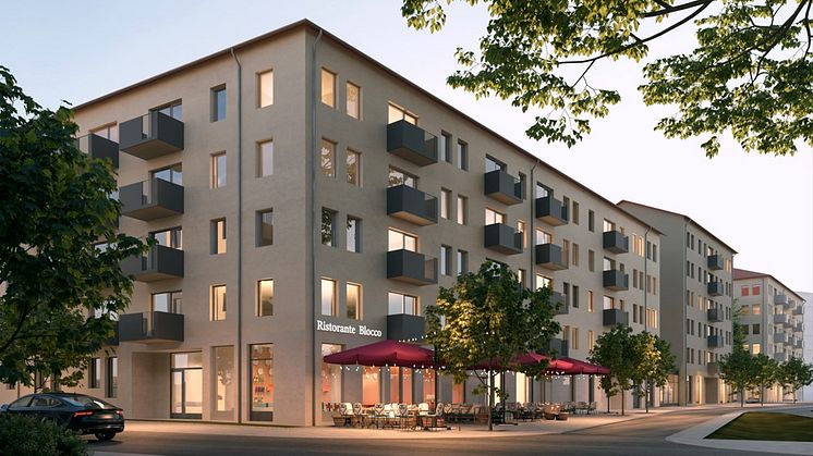 Visionsbild Riksbyggens hus på Bergholmsbacken i Bagarmossen i Stockholm