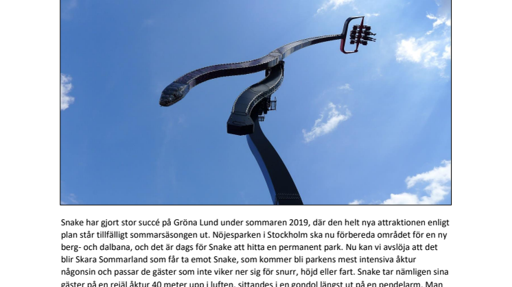 Snake blir Skara Sommarlands nyhet 2020 - succéattraktionen flyttar från Gröna Lund