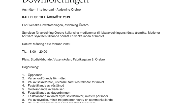 Kallelse till årsmöte i Svenska Downföreningen Avdelning Örebro