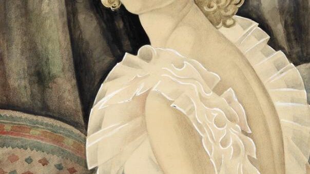 Gerda Wegener- Portræt af kvinde i hvid kjole, 1934. Signeret. Akvarel og gouache på papir. Lysmål 63 x 48 cm. Vurdering- 100.000-125.000 kr.