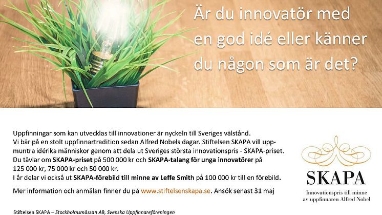 SKAPA-stiftelsen söker 2021 års bästa uppfinnare och innovatör!