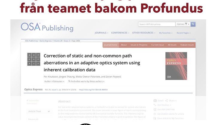 Ny vetenskaplig publikation i Optics Express temanummer ” Applications of Adaptive Optics” från teamet bakom Profundus
