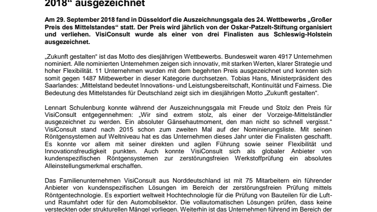 VisiConsult als Finalist im „Großen Preis des Mittelstandes 2018“ ausgezeichnet