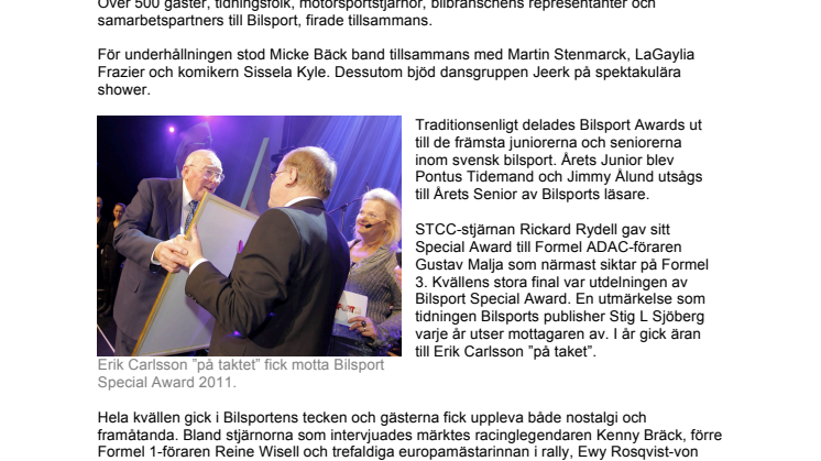Bilsport Awards 2011: Erik Carlsson "på taket" hedrades särskilt