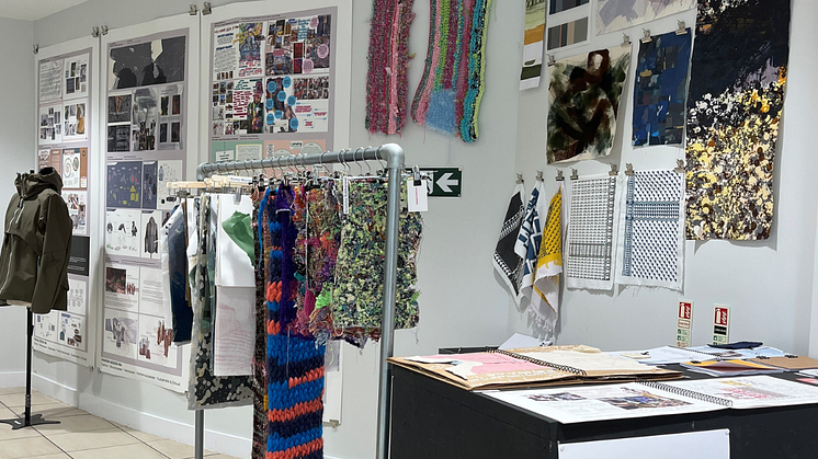 Postgraduate design degree portfolio work on display in the School of Design at Northumbria University
