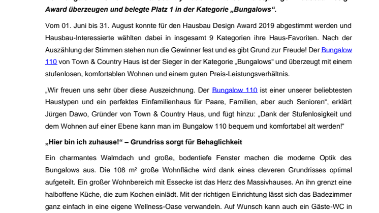 Der Bungalow 110 ist Gewinner des Hausbau Design Awards 2019