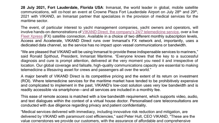 Inmarsat and VIKAND Host Demonstration of 24/7 Telemedicine Service for Mariners