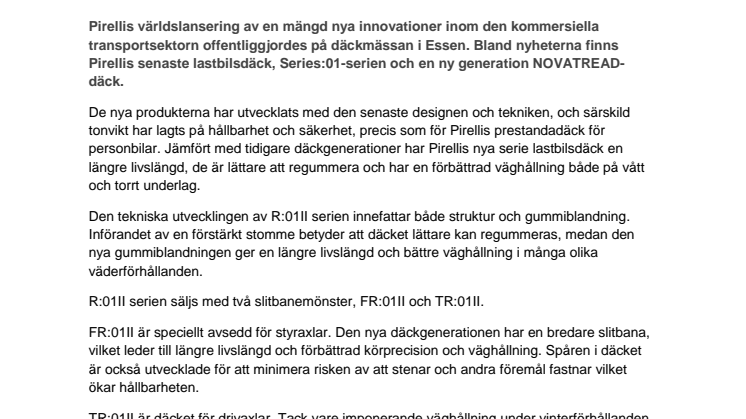 Världslansering av Pirellis nya serier av lastbilsdäck  