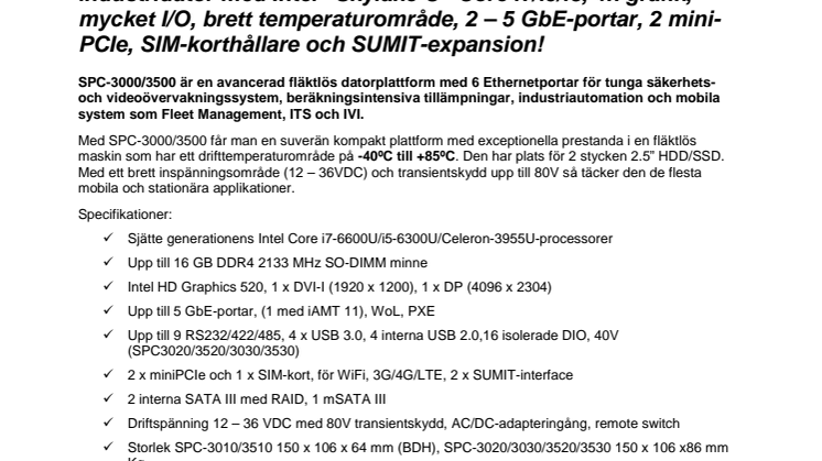 Vecow SPC-3000/3500 - Superkompakt, fläktlös industridator med Intel ”Skylake-U” Core i7/i5/i3