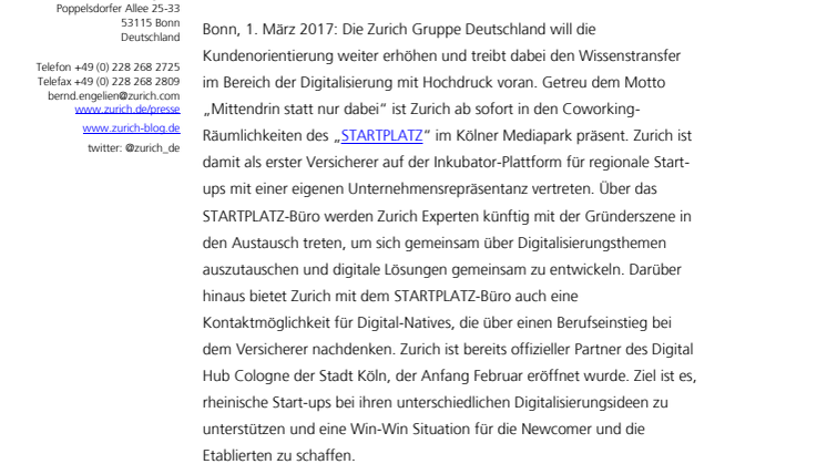 Digitaler Wissenstransfer im Visier: Zurich eröffnet Büro im Kölner Start-up-Inkubator „STARTPLATZ“