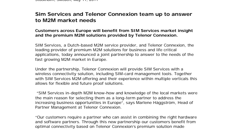 SIM Services and Telenor Connexion team up to answer to M2M market needs
