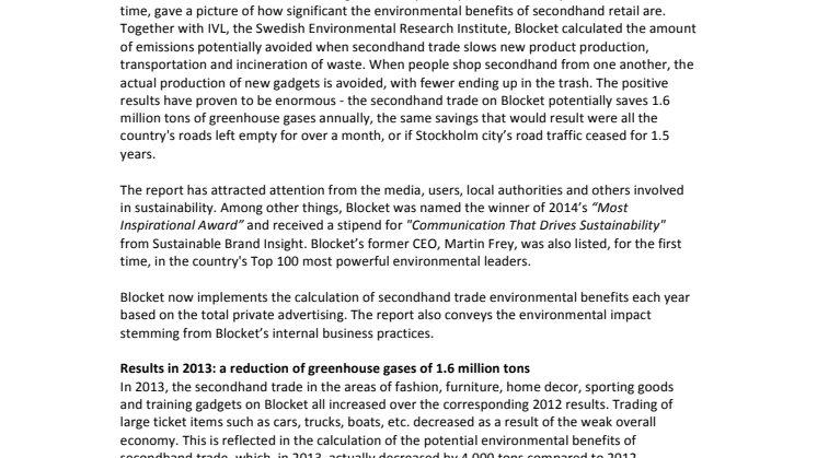 Executive Summary:  The Environmental Benefits of Secondhand Trade – A yearly report from Blocket 