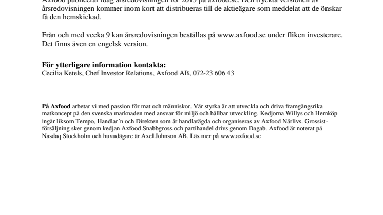 Axfood publicerar årsredovisningen för 2015