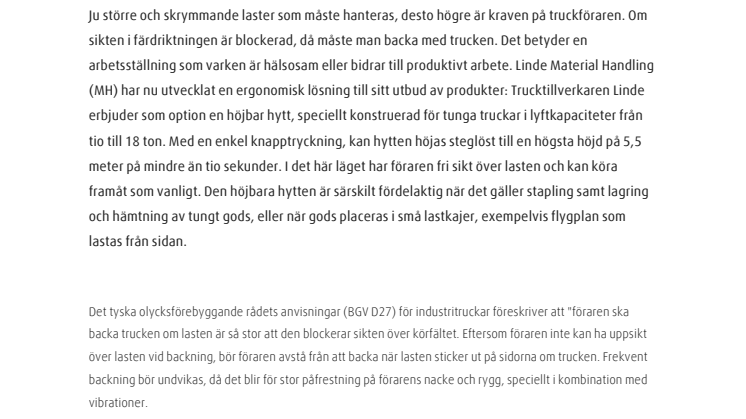 Höjbar hytt är det senaste tillskottet i utbudet av säkerhetsprodukter hos Linde Material Handling
