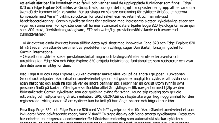 Garmin® presenterar nya cykeldatorer med nya innovativa funktioner - Edge® 820 och Edge® Explore 820