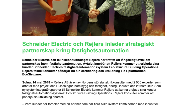Schneider Electric och Rejlers inleder strategiskt partnerskap kring fastighetsautomation