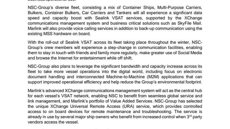 Marlink: Marlink to connect NSC-Group’s fleet with VSAT based maritime broadband