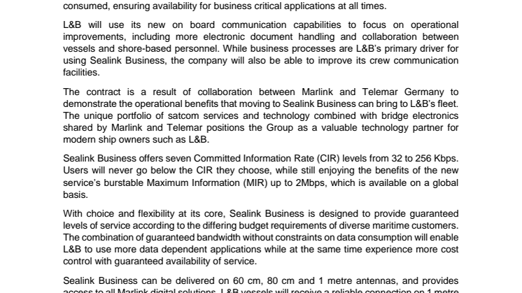 Marlink: Leonhardt & Blumberg Chooses New Sealink Business VSAT Package for Entire Fleet