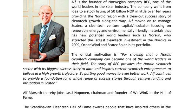 Alf Bjørseth, founder of REC and Scatec, inducted to Cleantech Scandinavia’s Hall of Fame