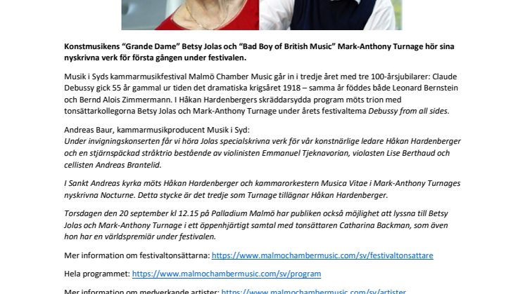 Tonsättarna Betsy Jolas och Mark-Anthony Turnage gästar Malmö Chamber Music