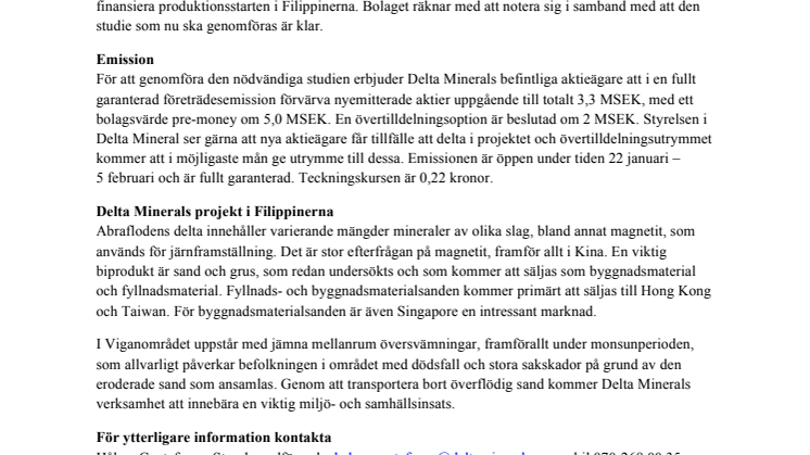 Delta Minerals AB ansöker om notering på Aktietorget