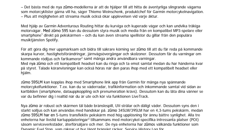 Garmin® lanserar nya zūmo® motorcykelnavigatorer