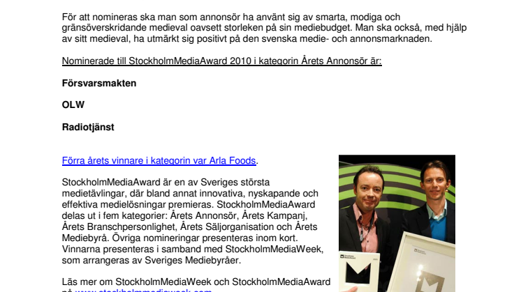 StockholmMediaAward 2010: Vem blir Årets Annonsör? 