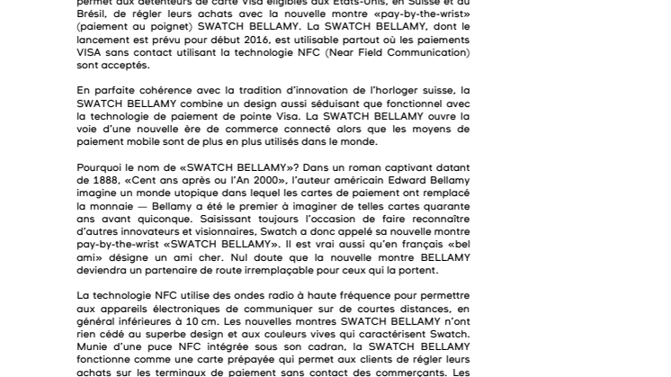 Swatch s'associe à Visa pour les paiements sans contact "pay-by-the-wrist"