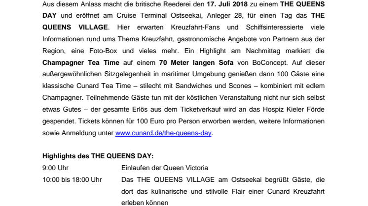 Die Queen Victoria kommt nach Kiel! Großes Fest für Jedermann am Ostseekai. 