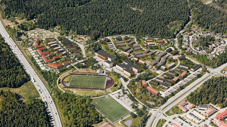 Flygvy över hur det framtida Södra Källtorp kan komma att se ut. Illustration: Archus