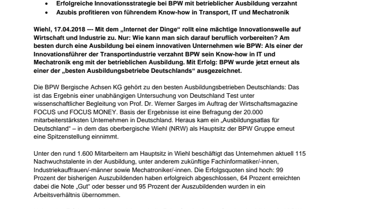 Deutschlands beste Ausbildungsbetriebe: So macht BPW Azubis fit für die Digitalisierung und das "Internet der Dinge"