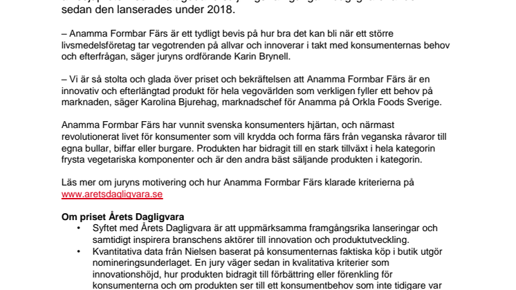 Anamma Formbar Färs från Orkla Foods Sverige är Årets Dagligvara 2019