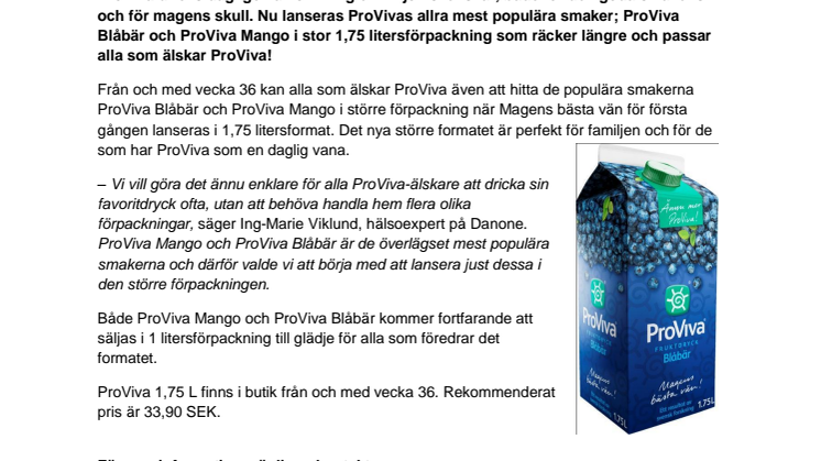 Ännu mera ProViva! – Magens bästa vän nu i 1,75 litersförpackning