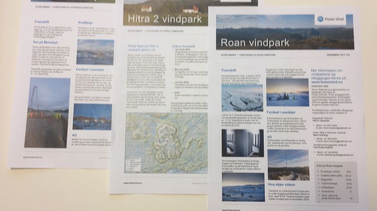 Tre nyhetsbrev i postkassen til naboer av Roan, Storheia og Hitra 2 vindparker