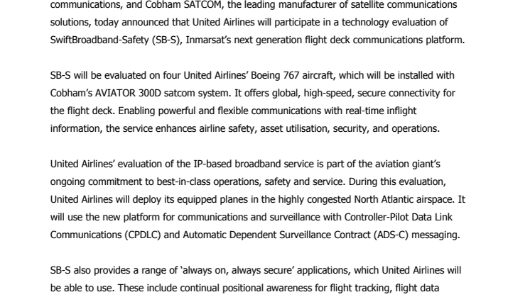 Cobham SATCOM: Inmarsat and Cobham team with United Airlines to deliver next generation flight deck connectivity