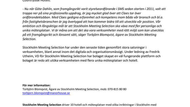 Claes Livijn ny styrelseordförande för Stockholm Meeting Selection AB